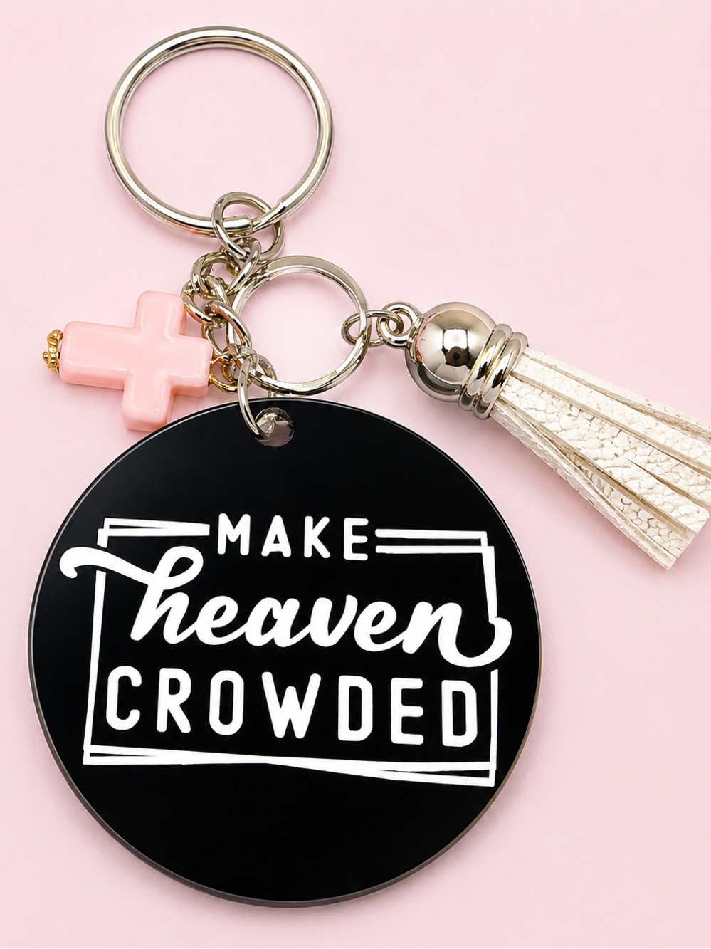 Inspirational Black Acrylic Keychain with White Tassel and Pink Cross Charm